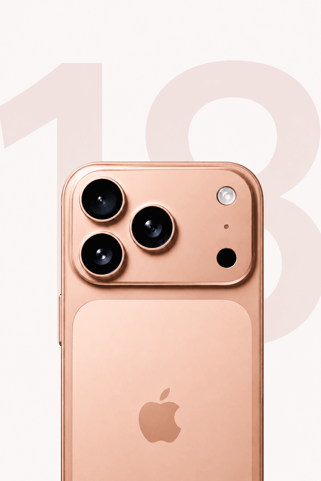 A concept rendering of an iPhone 18 in a rose gold finish, shown from the back against a large numeral 18