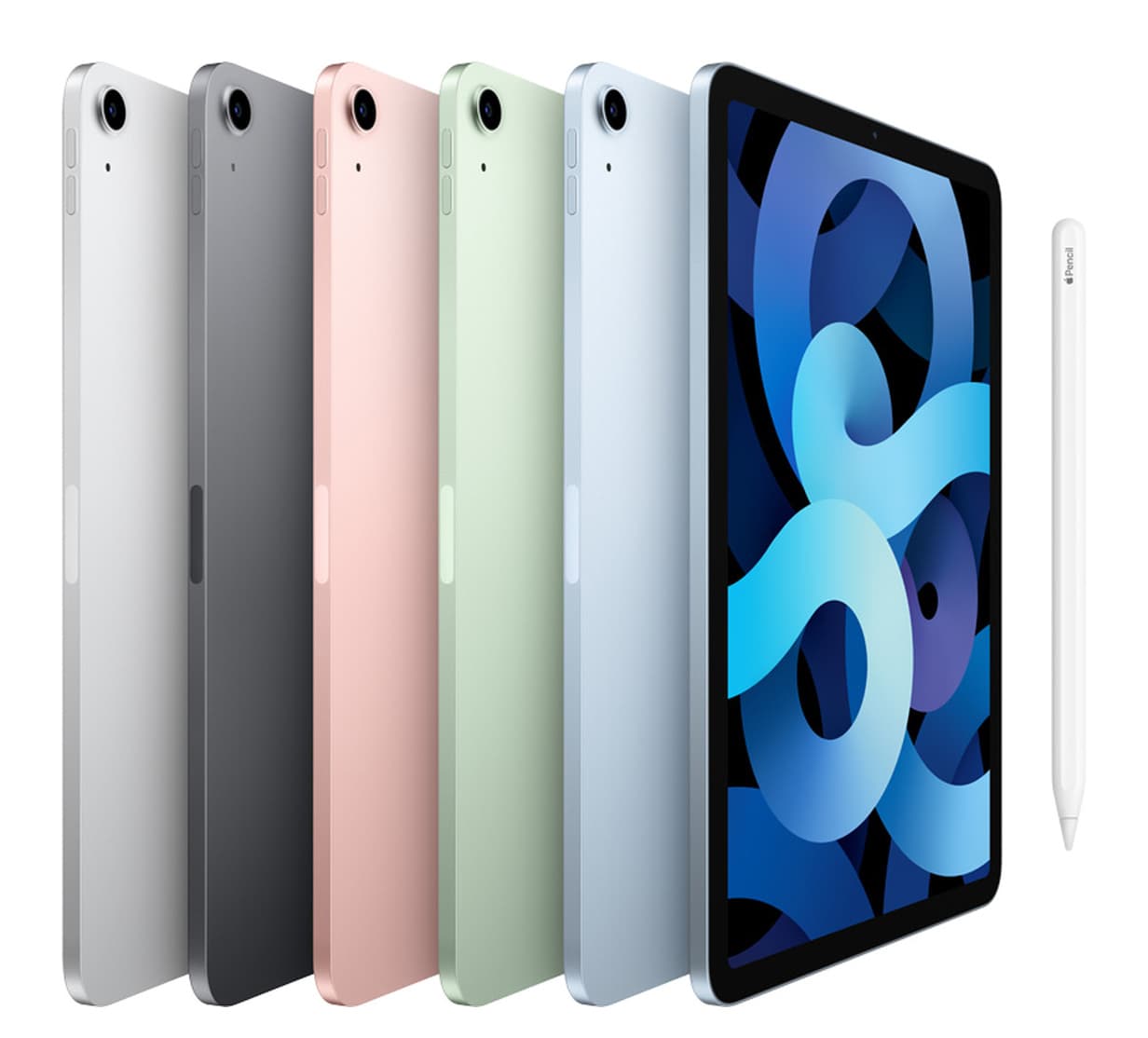 Five iPad Air tablets fanned out in different finishes beside an Apple Pencil